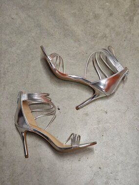 Strappy Metallic Silver High Heel Sandals With Ankle Strap Closure - Womens